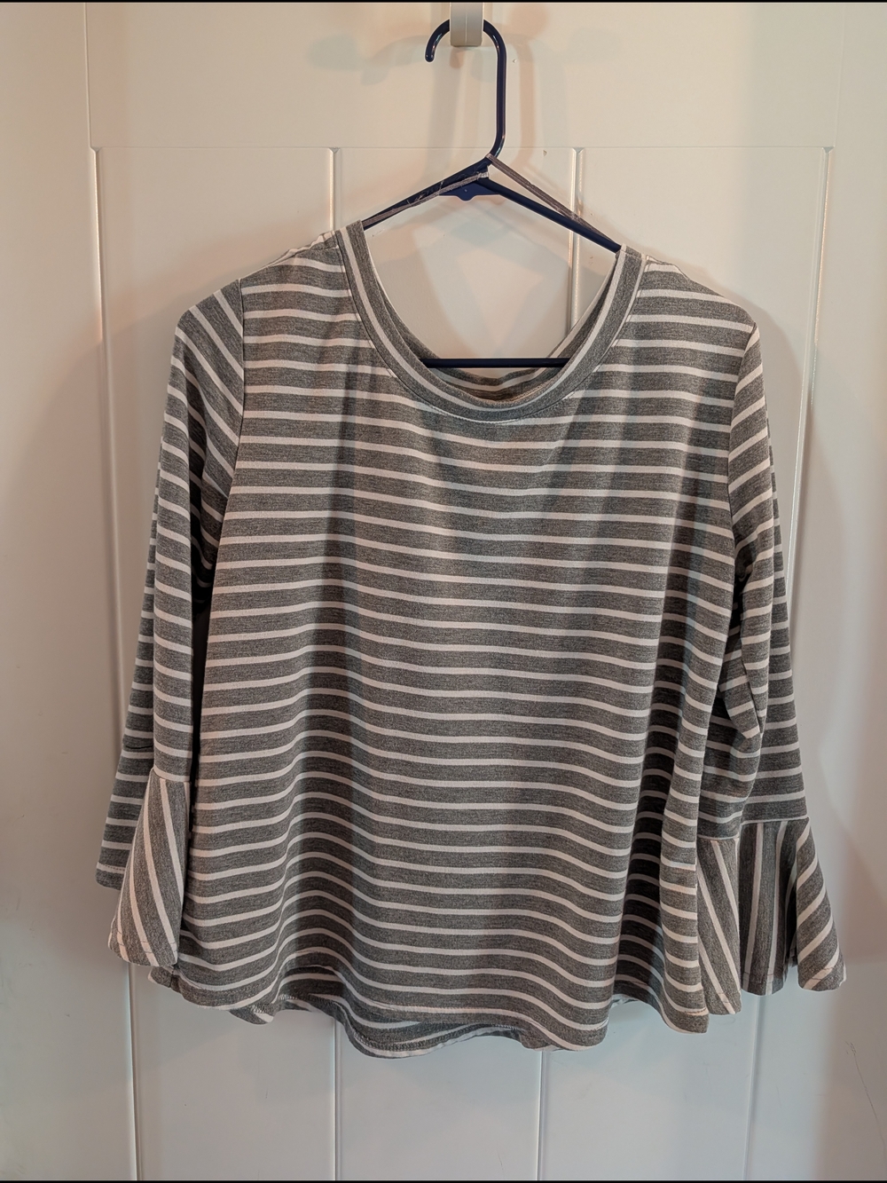 Gray and White Striped Long-Sleeve Bell Sleeve Top
